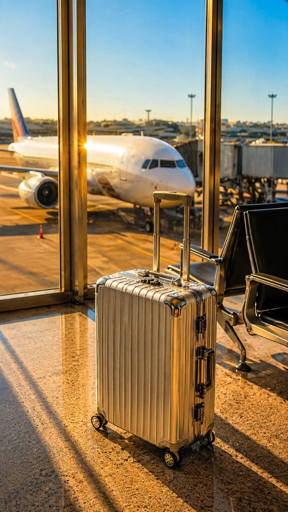 A silver suitcase waiting beside an airport window with an aircraft outside